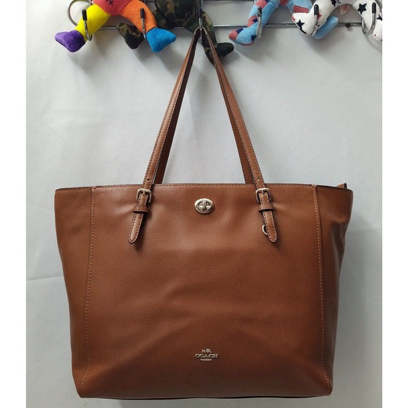 Coach Brown Pebbled Leather Turnlock Double Handles Large Tote Shoulder Bag - Picture 1 of 16